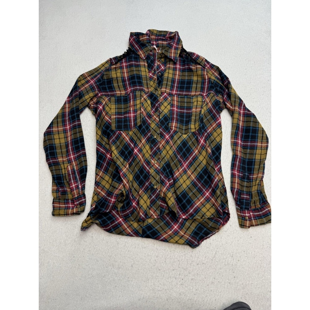 Free People Shirt Women's XS Multicolor Plaid Button Front Shoulder Cut Out